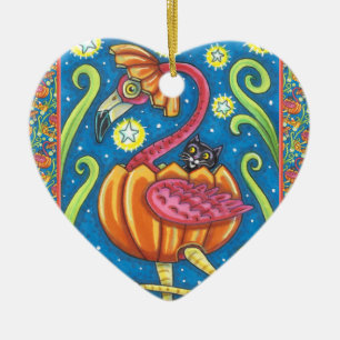 HALLOEEN PINK FLAMINGO & BLACK CAT IN PUMPKIN KERAMISCH ORNAMENT