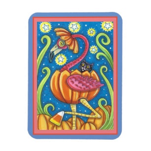HALLOEEN PINK FLAMINGO & BLACK CAT IN PUMPKIN MAGNEET