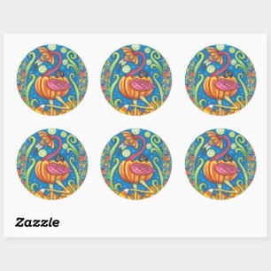 HALLOEEN PINK FLAMINGO & BLACK CAT IN PUMPKIN RONDE STICKER