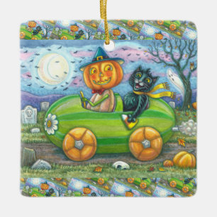 HALLOEEN-WEGTRIP, JACK EN ZWARTE CAT-VRIENDEN KERAMISCH ORNAMENT