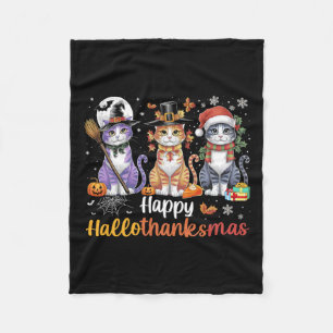 Hallothanksmas Cats Halloween Thanksgiving Christm Fleece Deken