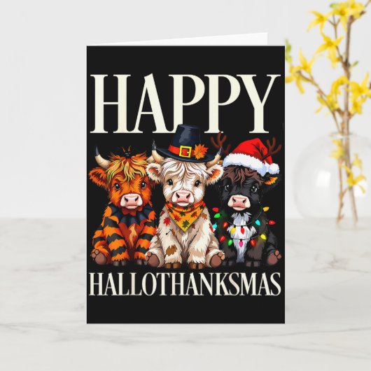 Hallothanksmas Highland Cow Halloween Thanksgiving Kaart (Gele Bloem)