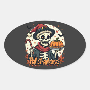Hallothanksmas Skelet: Pumpkin Pie & Candy Cane Ovale Sticker
