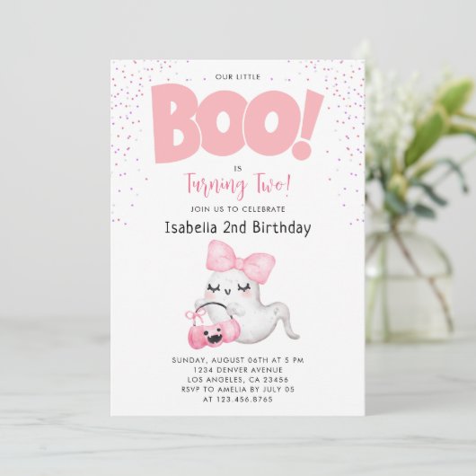 Halloween 2e verjaardag Little Boo Two Meisje Roze Kaart (Staand voorkant)