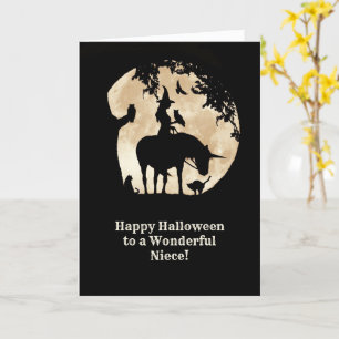Halloween aan nichtje met heks en vertrouwde diere kaart