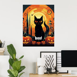 Halloween Abstract zwart kat en pompoen ontwerp Poster