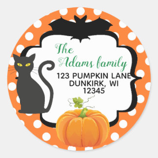 Halloween adreslabel met kattenpompoen en vleermui ronde sticker