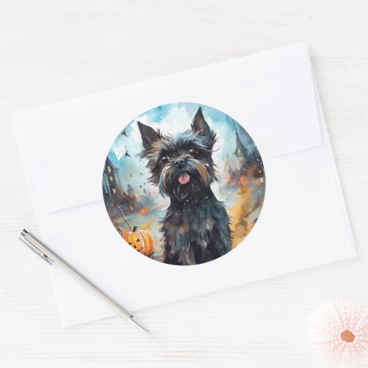 Halloween affenpinscher met pompoenen eng ronde sticker (Envelop)