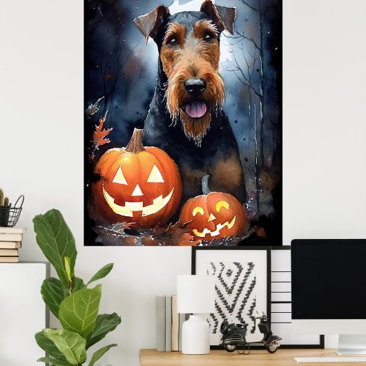 Halloween Airedale met pompoenen eng Poster (Thuiskantoor)