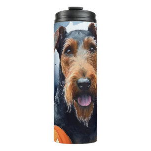 Halloween Airedale met Pompoenen Engverwekkend Thermosbeker