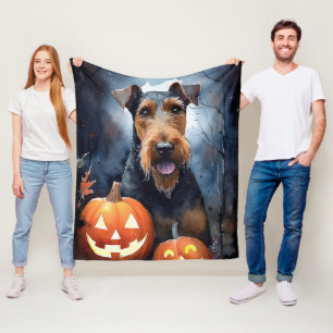 Halloween Airedale met pompoenen Fleece Deken