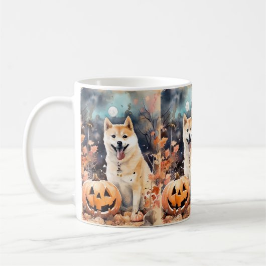 Halloween Akita met pompoenen eng Koffiemok (Links)