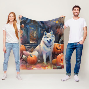 Halloween Alaskan Malamute Met Pompoenen Eng Fleece Deken