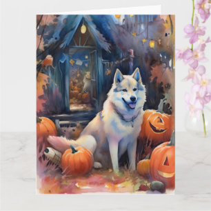 Halloween Alaskan Malamute Met Pompoenen Griezelen Kaart