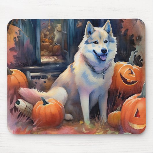 Halloween Alaskan Malamute met pompoenen Muismat (Voorkant)