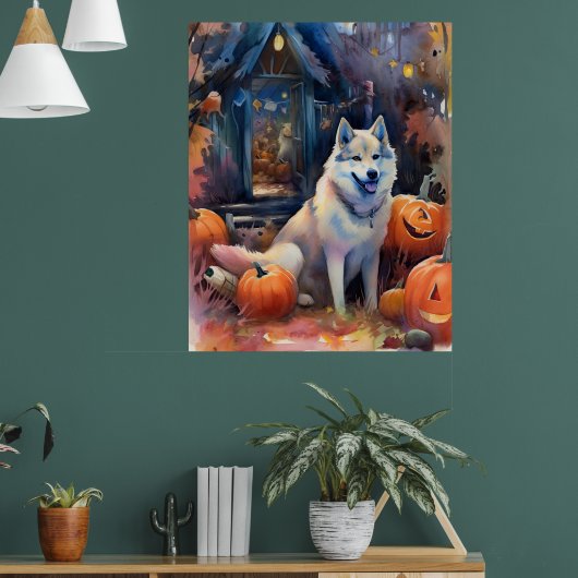 Halloween Alaskan Malamute met pompoenen Poster (Woonkamer 1)