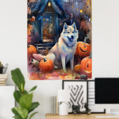 Halloween Alaskan Malamute met pompoenen Poster (Thuiskantoor)