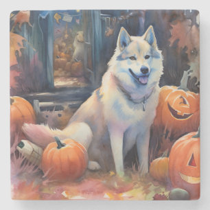 Halloween Alaskan Malamute met pompoenen Stenen Onderzetter