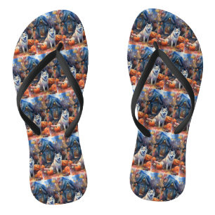 Halloween Alaskan Malamute met pompoenen Teenslippers