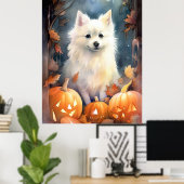 Halloween American Eskimo met pompoenen eng Poster (Thuiskantoor)