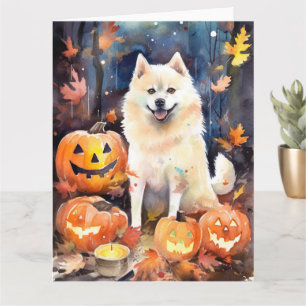 Halloween Amerikaanse Akita Met Pompoenen Eng Kaart