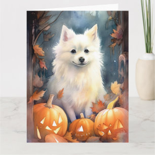 Halloween Amerikaanse Eskimohond Met Pompoenen Gri Kaart