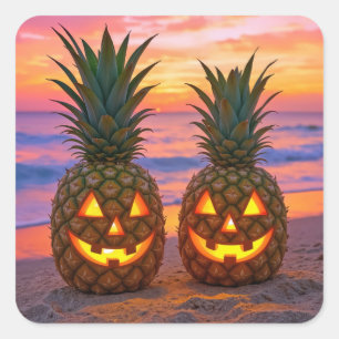Halloween Ananas Jack-o-lanterns Op een Strand Vierkante Sticker