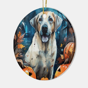 Halloween Anatolische Herdershond Met Pompoenen En Keramisch Ornament