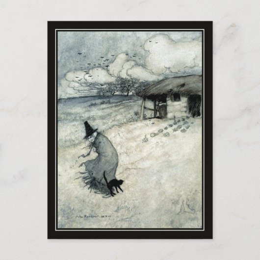 Halloween Arthur Rackham Witch + Black Cat Briefkaart (Voorkant)