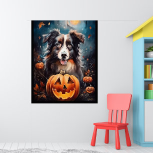 Halloween Australian Shepherd met pompoenen eng Poster