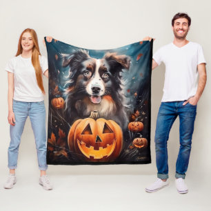 Halloween Australische Herder met Pompoenen Eng Fleece Deken