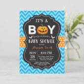 Halloween Baby Boy Shower Invitation Blue Chevron (Debout devant)