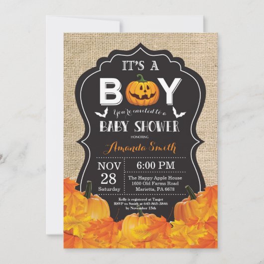 Halloween Baby Boy Shower Invitation Card Burlap (Devant)