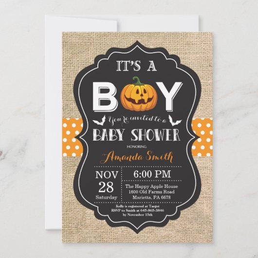 Halloween Baby Boy Shower Invitation Card Burlap (Devant)