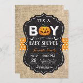 Halloween Baby Boy Shower Invitation Card Burlap (Devant / Derrière)