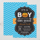 Halloween Baby Shower Invitation Blue Chevron Kaart (Voorkant / Achterkant)