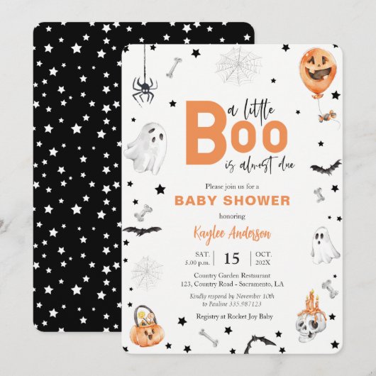 Halloween Baby shower Little Boo invitation noire (Devant / Derrière)
