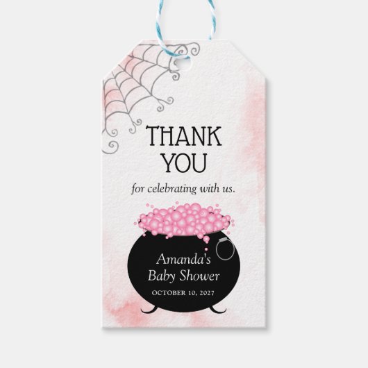 Halloween Baby shower Roze Witch Brew Hartelijk da Cadeaulabel (Voorkant)