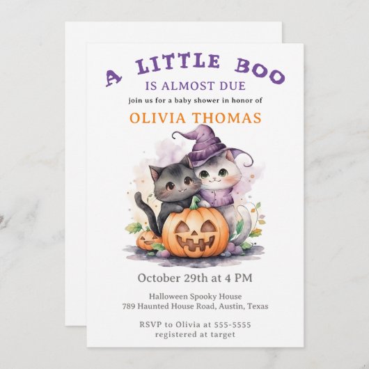 Halloween Baby Shower Uitnodiging Little Boo Katte (Voorkant / Achterkant)