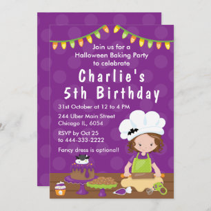 Halloween Baking Birthday Brown Hair Girl Invitati Kaart