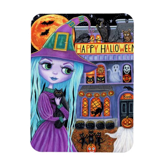Halloween Bash Black Cat Schattigee heks spookhuis Magneet (Verticaal)