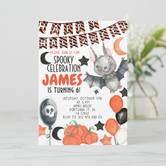 Halloween Bat Pumpkin Verjaardag Uitnodiging (Staand voorkant)