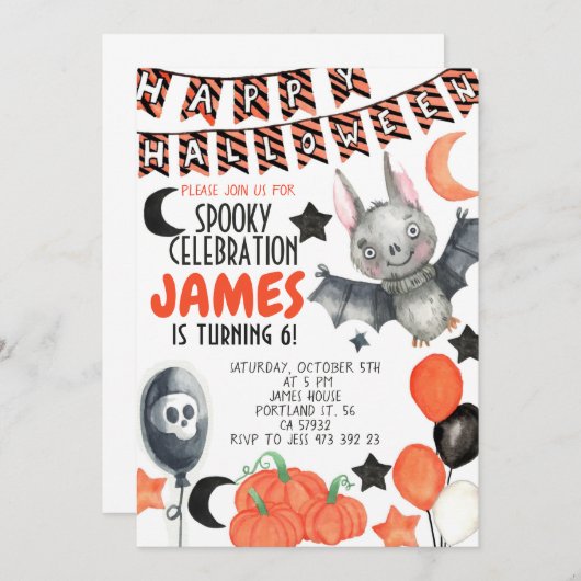 Halloween Bat Pumpkin Verjaardag Uitnodiging (Voorkant / Achterkant)