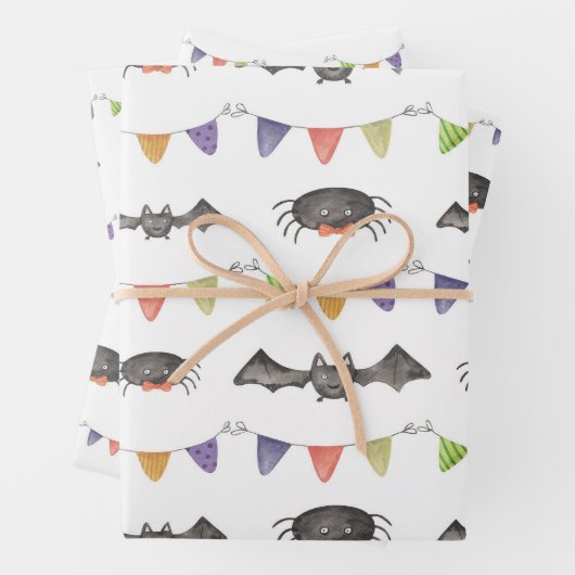 Halloween Bat Spider Pattern Wrapping Paper (In situ)