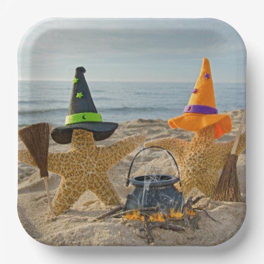 Halloween Beach Zeesterren Heksen Papieren Bordje (Voorkant)