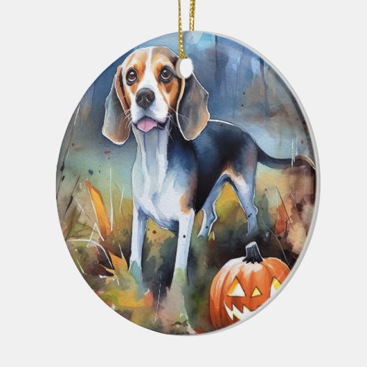 Halloween Beagle met pompoenen eng Keramisch Ornament (Links)