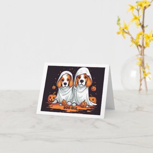 Halloween Beagles in Grappige Ghost Kostuum Kaart (Gele Bloem)