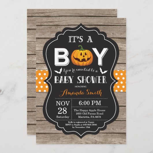 Halloween bébé garçon douche Invitation Bois rusti (Devant / Derrière)