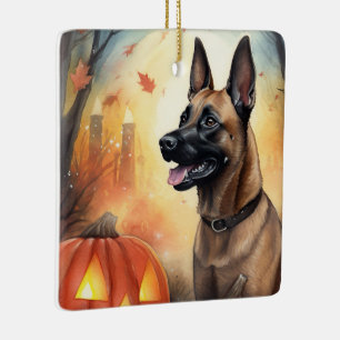 Halloween Belgische Malinoi Met Pompoenen Eng Keramisch Ornament