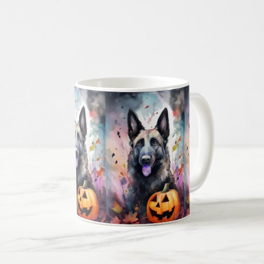 Halloween Belgium Shepherd met pompoenen eng Koffiemok (Voorkant rechts)